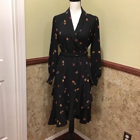 Cabi Divine Wrap Dress Small Floral Black Long Sleeve Midi - Picture 10 of 10